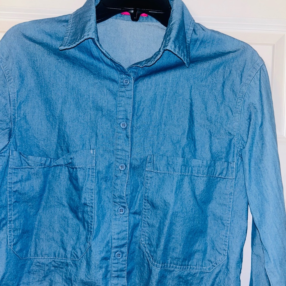 MDRN Blue Denim Long Sleeve Button Up Top Shirt XS Country Modern Cropped - Picture 2 of 4